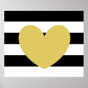 Poster Black and White Striped, Gold Heart 24"x20"
