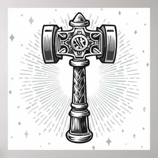 Poster Black and white Thor's Hammer Mjolnir (Devant)