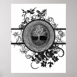 Poster Black and White Tree of Life with Flowers