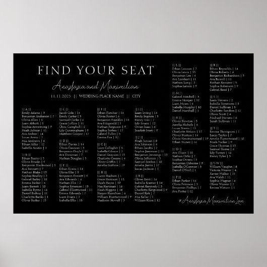Poster Black and White Wedding Alphabetical Seating Chart (Devant)