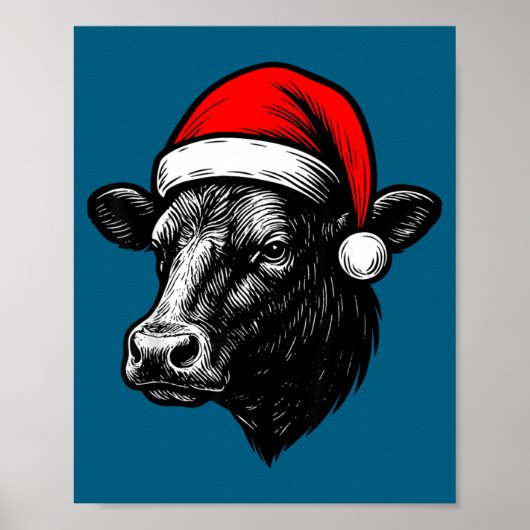 Poster Black Angus Rancher Christmas Cow Santa Hat Farmer (Devant)