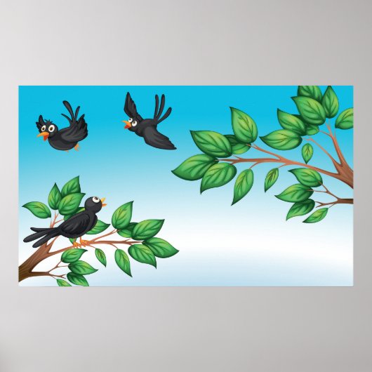 Poster Black Birds on Tree Branches (Devant)