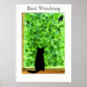Poster Black Cat Bird Watching Fun Animal Art
