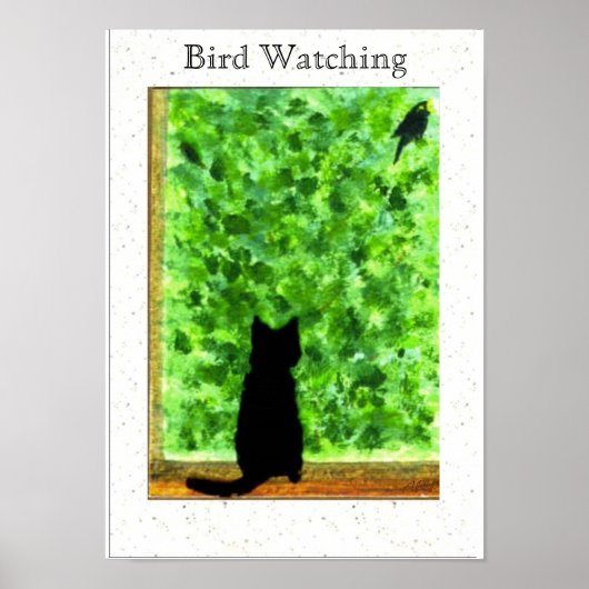 Poster Black Cat Bird Watching Fun Animal Art (Devant)