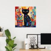 Poster Black Cat Colorful and Whimsical Artwork, (Bureau à domicile)