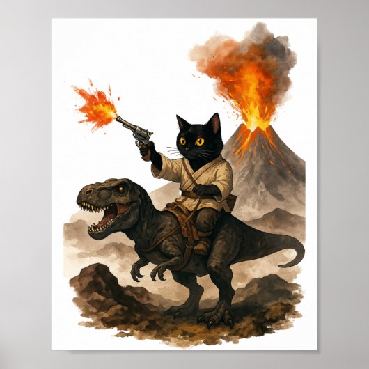 Poster Black Cat Cowboy Riding Dinosaur – Watercolor Ink  (Devant)