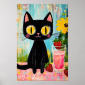 Poster Black Cat Drinking Strawberry Juice (Devant)