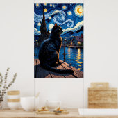 Poster Black cat gazing at a starry night dockside scene (Cuisine)