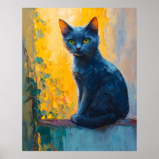 Poster black cat, green eyes, whimsical cat, colorful bac