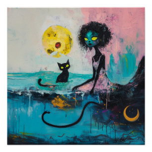 Poster Black Cat Moon Magique Witchy AI Art Matte Value