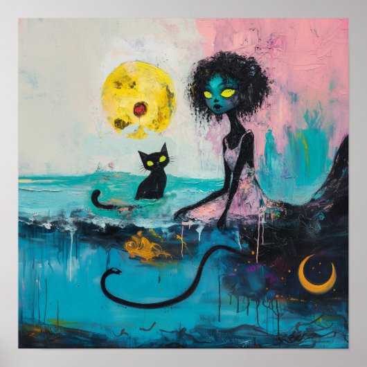 Poster Black Cat Moon Magique Witchy AI Art Semi-brillant (Devant)