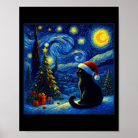 Poster Black Cat Santa Hat Van Gogh Starry Night Christma (Devant)
