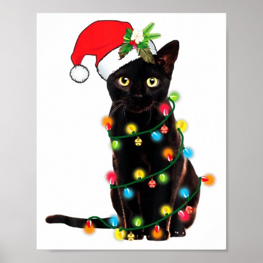 Poster Black Cat Santa Tangled Up In Christmas Lights  (Devant)