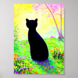 Poster Black Cat Silhouette Flowers Creationarts