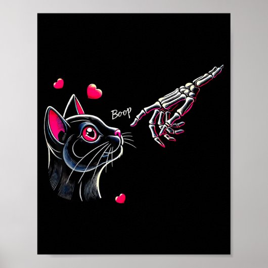 Poster Black Cat Skeleton Hand Boop Valentine's Day Pet O (Devant)
