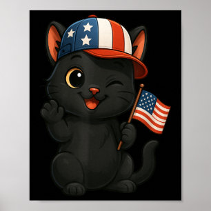 Poster Black Cat Usa Drapeau 4 juillet Fête de l'Indépend