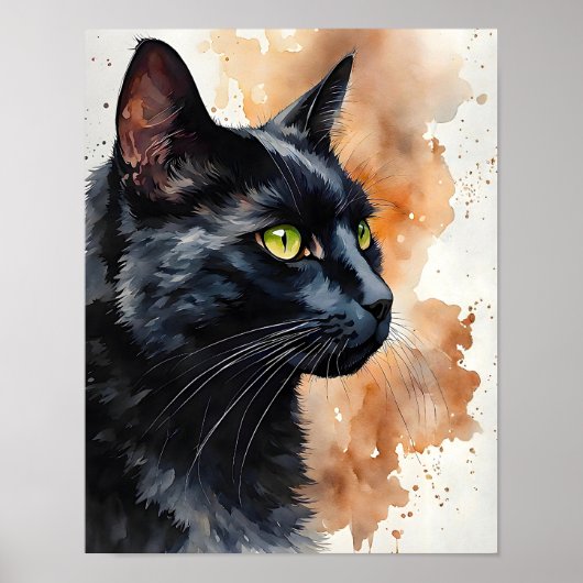 Poster Black Cat Watercolor Elegant Feline Wall Art Print (Devant)