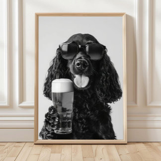 Poster Black Cocker Spaniel Drinking Beer Wall Art, Black