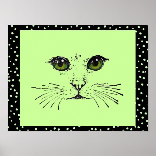 Poster Black Drawing Cat Face Intense Eyes Polka Dots (Devant)