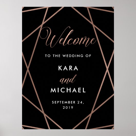 Poster Black et Rose Gold Diamond Mariage Bienvenue (Devant)