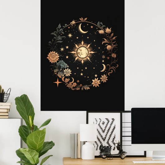 Poster Black Floral Celestial Boho Mur Art (Bureau à domicile)