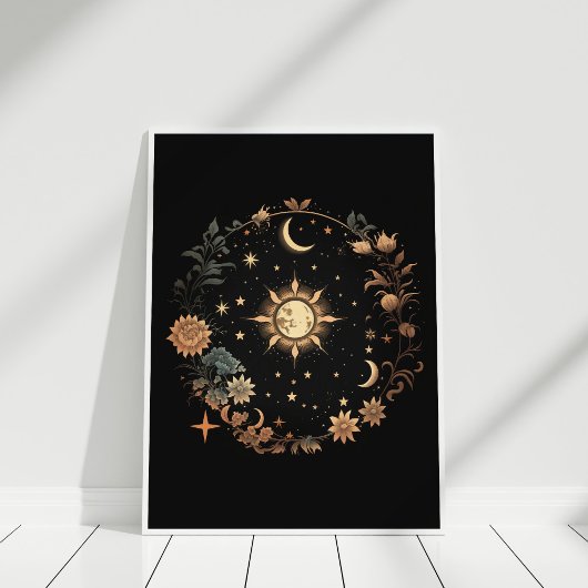 Poster Black Floral Celestial Boho Mur Art