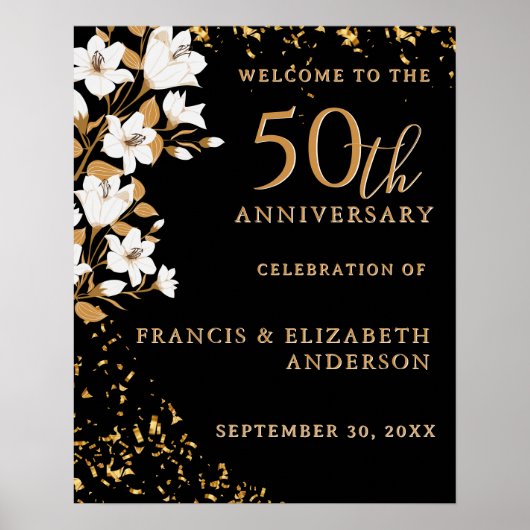 Poster Black Gold Bienvenue Floral 50e anniversaire Maria (Devant)