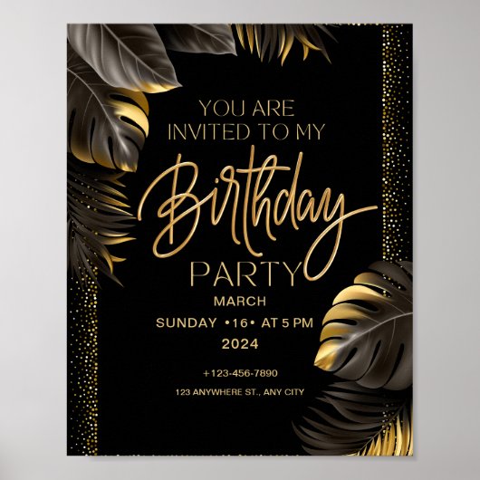Poster Black Gold Luxury Bonne fête d'anniversaire (Devant)