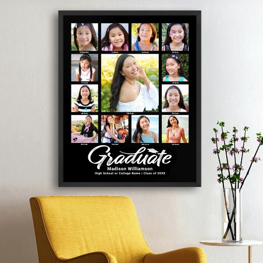 Poster Black Graduation K-12 Photo Collage blanc Script