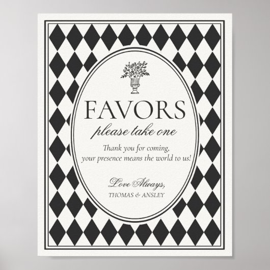 Poster Black Harlequin Checkered Wedding Favors Sign (Devant)