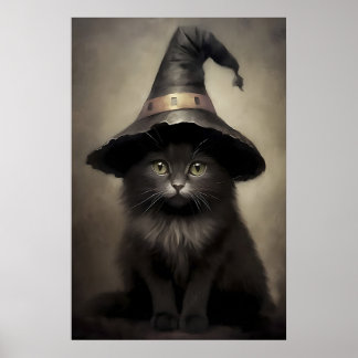 Poster Black Kitten In A Witch's Hat Print, Halloween Cat