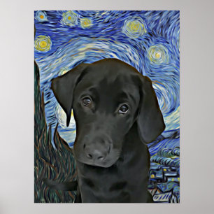 Poster Black Lab Puppy Starry Night Van Gogh Inspiré