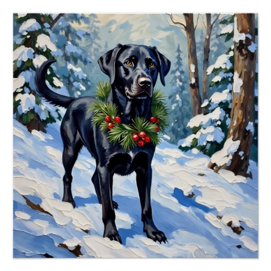 Poster Black Lab Serene Winter Forest Christmas Holiday (Devant)