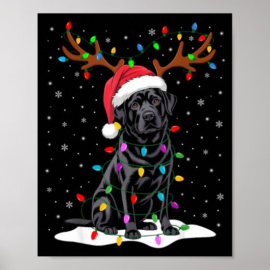 Poster Black Labrador Santa Hat Reindeer Tree Lights Chri (Devant)