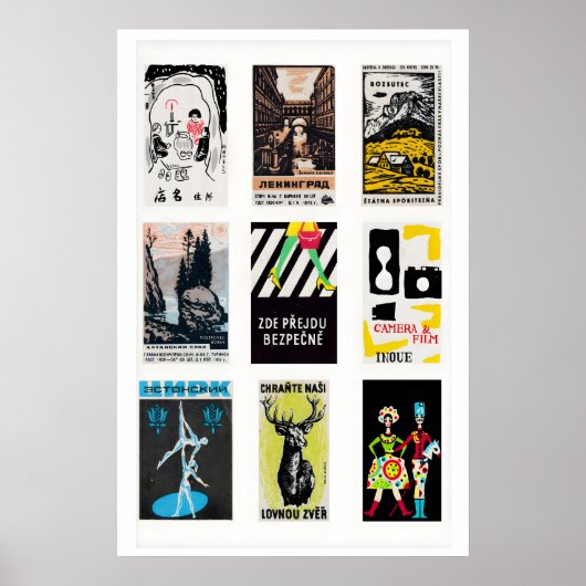 Poster Black Matchbox Labels Grid Print, Vintage Ephemera (Devant)