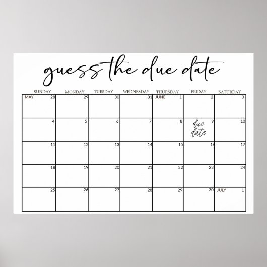 Poster Black Modern Simple Script Baby Shower Guess Date (Devant)