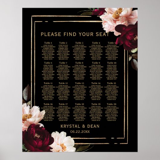 Poster Black Moody Bourgogne Blush Floral Mariage Siège (Devant)