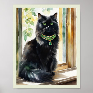 Poster Black Perse Chat Aquarelle Or Emerald Coller