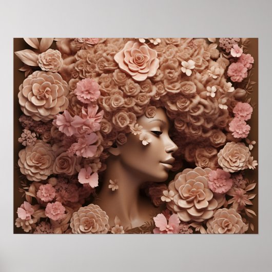 Poster Black Queen Melanin Femmes Fleur florale 3D Afro (Devant)