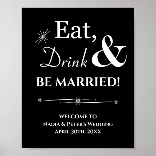 Poster Black Retro Eat Drink Be Marié Bienvenue Mariage (Devant)