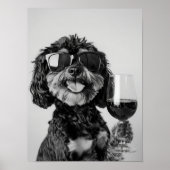 Poster Black & Tan Cavapoo Drinking Wine Wall Art, Black  (Devant)