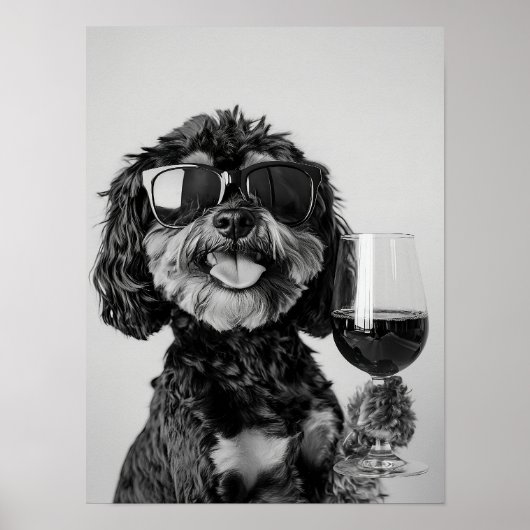 Poster Black & Tan Cavapoo Drinking Wine Wall Art, Black  (Devant)