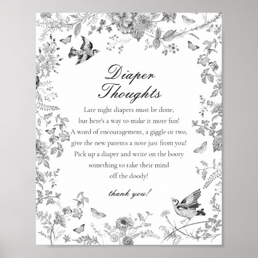 Poster Black Toile De Jouy Diaper Thoughts Baby Shower (Devant)