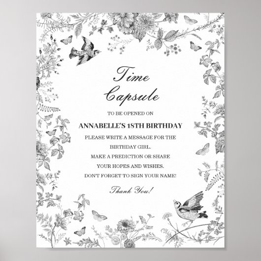 Poster Black Toile Floral Time Capsule Baby Birthday Game (Devant)