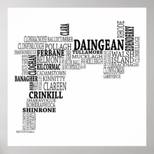 Poster Black Typographical Map of Co. Offaly, Ireland