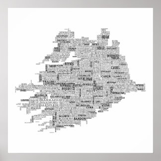 Poster Black Typographical Map of Munster, Ireland