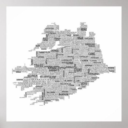 Poster Black Typographical Map of Munster, Ireland (Devant)