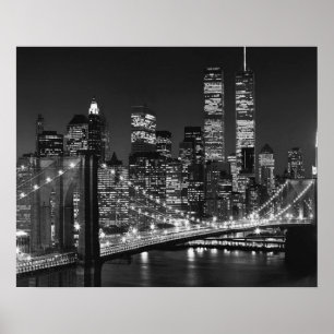 Poster Black White Brooklyn Bridge New York Night