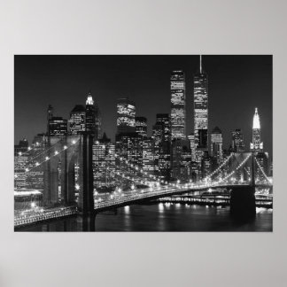 Poster Black White Brooklyn Bridge New York Night