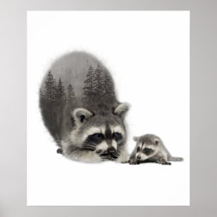 Poster Black White Cute Raccoon avec bébé